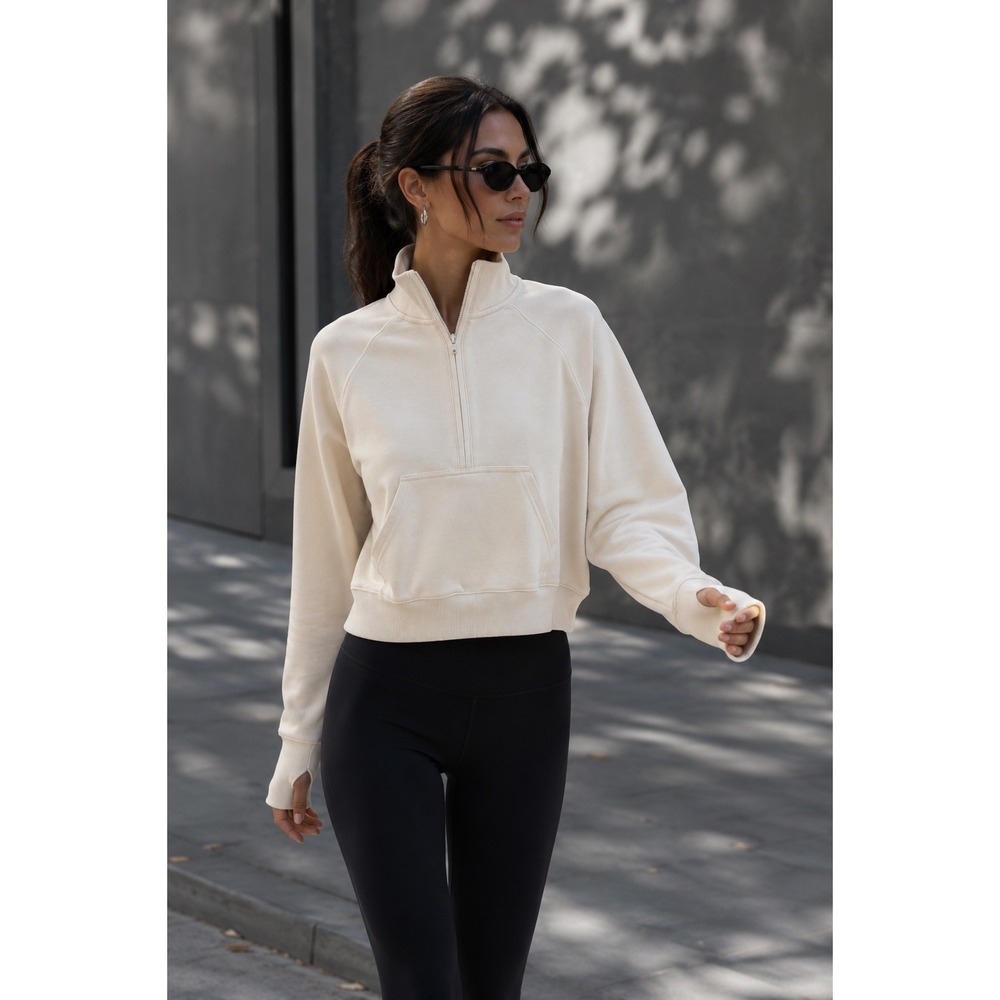 OFFLINE‎ by Aerie Womens Quarter Zip Sweatshirt Cream Sand Thumbhole Cropped S